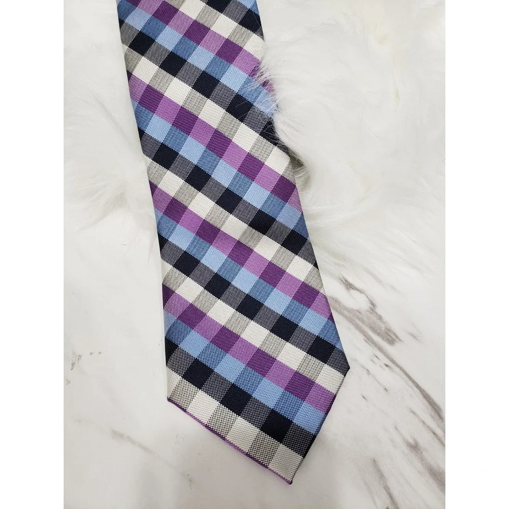 NEW EXTRA LONG Tommy Hilfiger Mens 100% Silk Tie PLAID PURPLE CHECKERED GRAY